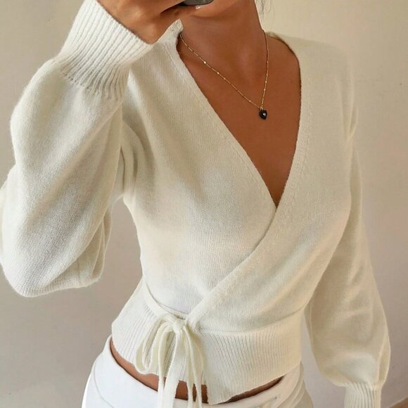 White Casual Women's Versatile Wrap Tie Front Cardigan - Picture 2 of 7